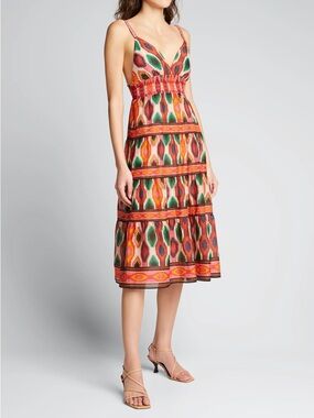 Alice + Olivia Multicolor Printed V‑Neck Midi Dress in Pink, Green & Orange